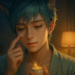 夜の寝室でスキンケアをする猫耳の青年ブレイブ、レチノールを塗布する指先に光が灯る幻想的な横顔構図 A gentle cat-eared boy applying retinol cream in a soft-lit bedroom, with glowing fingertips and poetic side profile