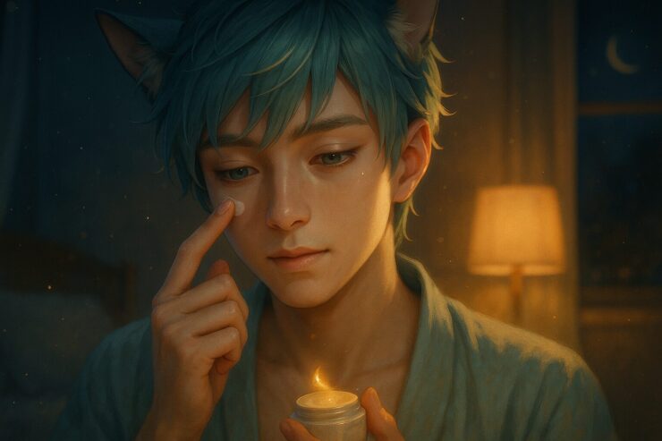 夜の寝室でスキンケアをする猫耳の青年ブレイブ、レチノールを塗布する指先に光が灯る幻想的な横顔構図 A gentle cat-eared boy applying retinol cream in a soft-lit bedroom, with glowing fingertips and poetic side profile