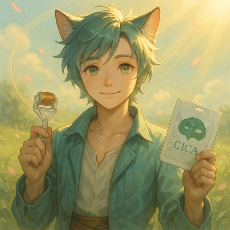 浅葱色ジャケットのケットシー青年がダーマローラーとCICAマスクを持ち、草原に立つ正方形イラスト｜Square semi-realistic illustration of a pale turquoise cat-eared young man holding a derma roller and a CICA mask in a sunlit meadow