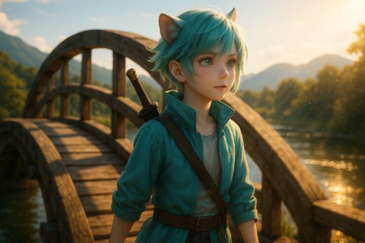 ブレイブが木製の橋を渡るシーン｜Brave crossing a wooden arch bridge over a clear river, fantasy semi-realistic illustration