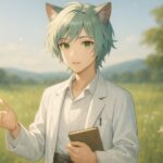 未病のケアを語る猫耳の青年キャラクター、白衣姿で草原に立つブレイブ／Brave the cat-eared boy in a white coat standing in a sunlit field, representing gentle medical self-care