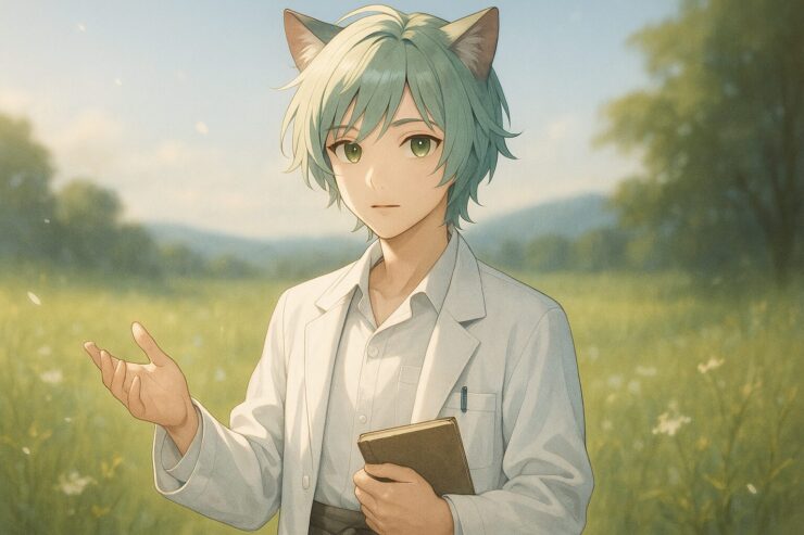 未病のケアを語る猫耳の青年キャラクター、白衣姿で草原に立つブレイブ／Brave the cat-eared boy in a white coat standing in a sunlit field, representing gentle medical self-care