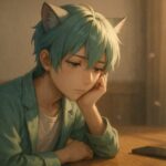 スマホを伏せて、うつむきながら沈思するブレイブ｜Brave resting his head on his hand, gazing downward beside a face-down smartphone