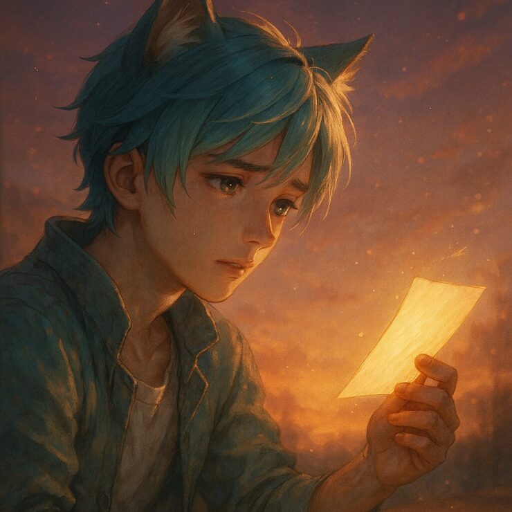 ブレイブが膝を抱えて小さくうつむく室内シーン|Brave curling up quietly indoors, softly lit by warm light