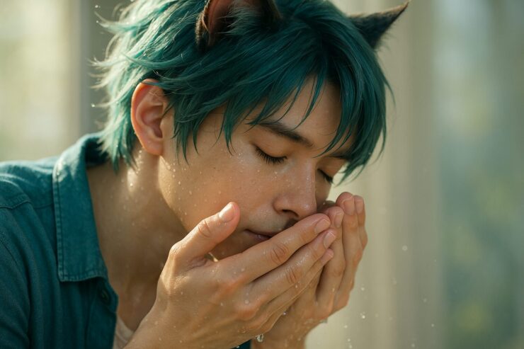 浅葱色の髪の猫耳少年が顔を洗う清潔感ある横長シーン/A cat-eared boy with pale turquoise hair washing his face in a serene, sunlit scene
