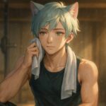 筋トレ後に静かに休む猫耳の少年ブレイブ｜Brave resting after training with a towel, calm expression and soft gym lighting