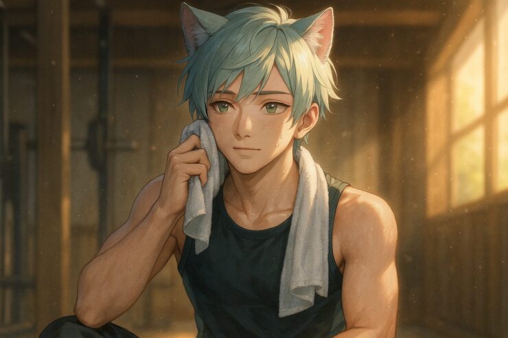 筋トレ後に静かに休む猫耳の少年ブレイブ|Brave resting after training with a towel, calm expression and soft gym lighting