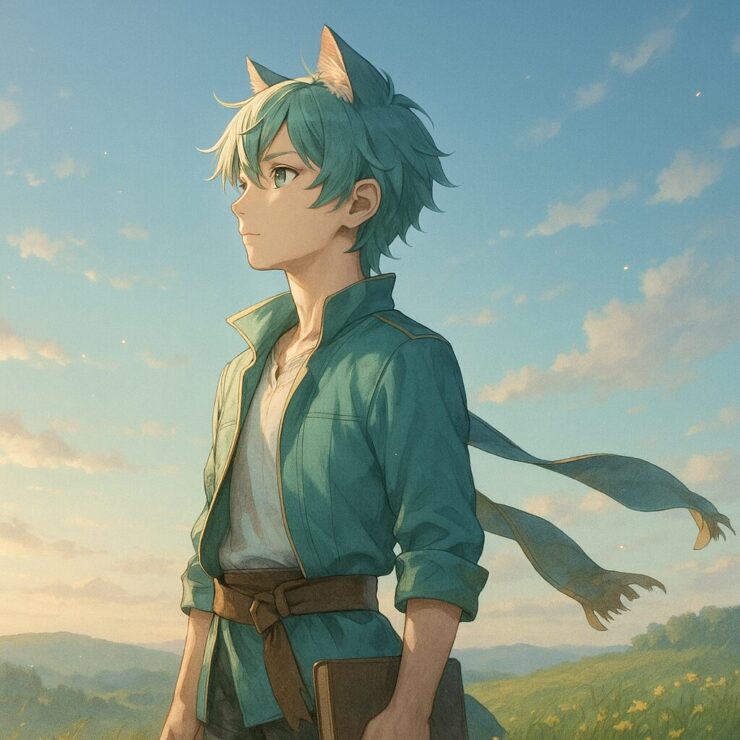 未来を見据えて丘の上に立つブレイブが、静かな決意を胸に空を見つめているシーン(Brave standing on a sunlit hill, quietly gazing toward the future with resolve and hope)