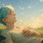 草原でスマホを伏せ、空を見上げるブレイブ（猫耳の青年）｜Brave lying in a field with his phone turned face-down, gazing peacefully at the sky (cat-eared anime boy)