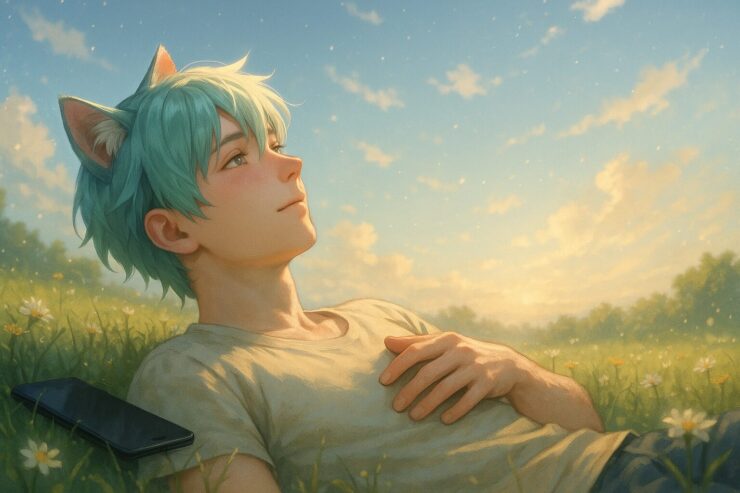 草原でスマホを伏せ、空を見上げるブレイブ（猫耳の青年）｜Brave lying in a field with his phone turned face-down, gazing peacefully at the sky (cat-eared anime boy)