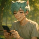 スマホで自己成長ログを記録するブレイブ（猫耳の青年）｜Brave logging personal progress on his smartphone with a gentle smile (cat-eared anime boy)