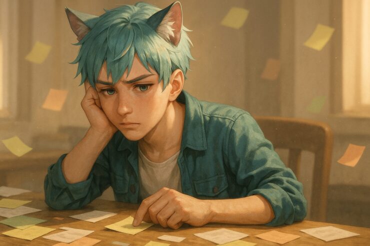 散らばった付箋メモに囲まれ、考え込むブレイブ。猫耳と浅葱色の髪が朝の光に照らされる集中の瞬間。 Brave sits at a desk surrounded by floating sticky notes, looking focused yet overwhelmed — a poetic moment of quiet mental organization.