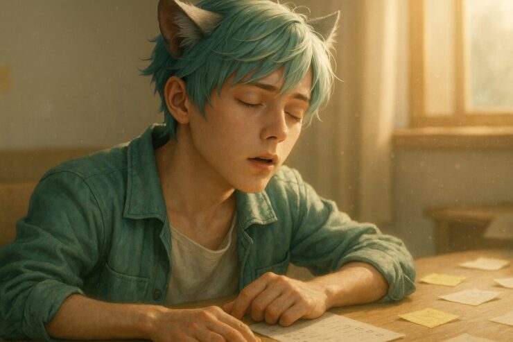 タスクに向き合いながら、ふっと息を吐くブレイブ。閉じた目元と指先に朝の光が差し込む穏やかな構図。 Brave, gently exhaling as he faces a task list, eyes closed in quiet reflection, bathed in soft morning light with notes scattered on the desk.