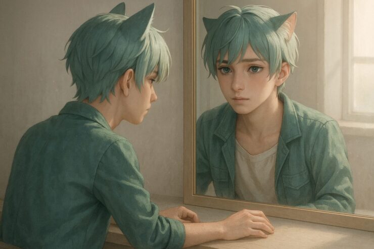 鏡の前で自分と向き合うブレイブ。猫耳と浅葱色の髪がやさしく光を受け、内面と静かに向き合う瞬間。 Brave sits in front of a mirror, softly gazing at his own reflection. A quiet moment of self-recognition under warm morning light.