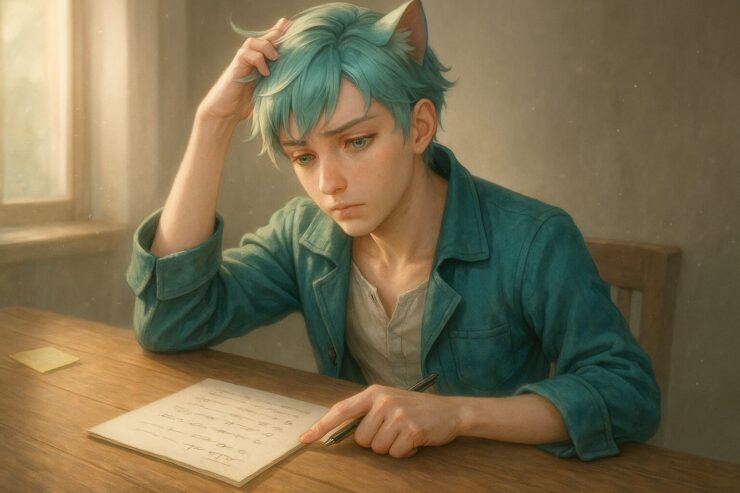 ToDoリストを前に悩みながらも向き合うブレイブの姿（猫耳・浅葱色ジャケット） Brave sits at a wooden desk in soft morning light, gently frowning while pointing to a To-Do list, his turquoise hair and cat ears glowing in the ambient veil