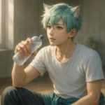 トレーニング後に水を飲むブレイブ。猫耳と浅葱色の髪が朝の光に包まれる、休息のひととき。 Brave, the turquoise-haired catboy, rests after a workout, holding a water bottle in warm sunlight by the window — a moment of quiet strength.