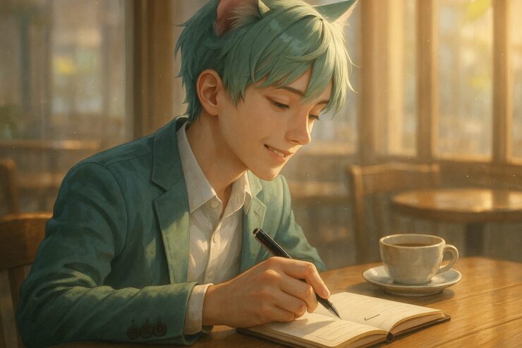 手帳にチェックを入れる猫耳の青年（ブレイブ）｜A cat-eared young male (Brave) checking off his journal in a sunlit café