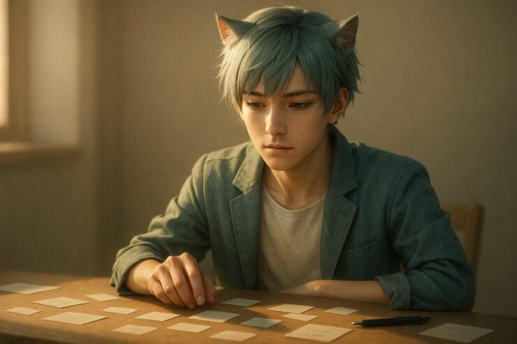 机の上に散らばる選択肢カードに指を伸ばし、静かに悩むブレイブ。夕方の柔らかな光が彼の思考を優しく包み込む。 A young man with cat ears gazes at scattered cards on his desk, fingers hovering in thought. The warm evening light softens his quiet indecision.