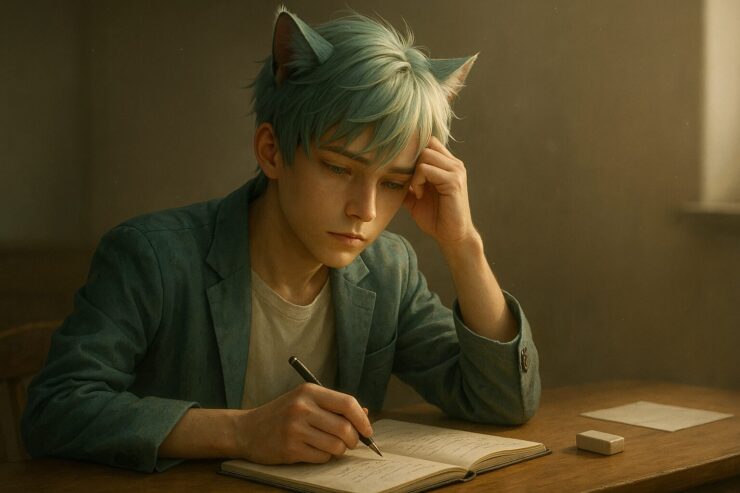 朝の光が差し込む部屋で、ブレイブが思い詰めた表情で手帳を見つめている。目標に疲れてしまった瞬間を、優しい光と静けさが包む。 In soft morning light, a cat-eared young man gazes wearily at an open notebook—capturing the weight of goal-setting and quiet burnout.