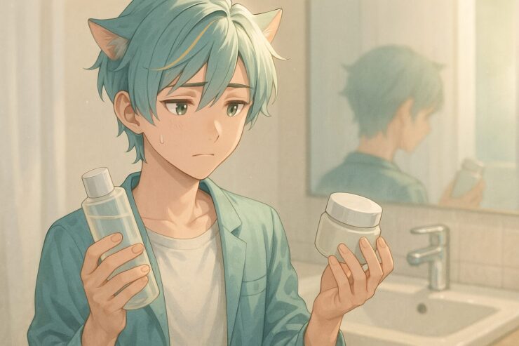 ブレイブが洗面所で化粧水とワセリンを両手に持ち、迷いながら見比べている。表情には優しさと戸惑いが混ざり、スキンケアへの丁寧な姿勢が伝わる朝の光景。 Brave holds a bottle and a jar in both hands, softly comparing skincare products in the morning light. His gentle confusion reflects a quiet care for wellness.