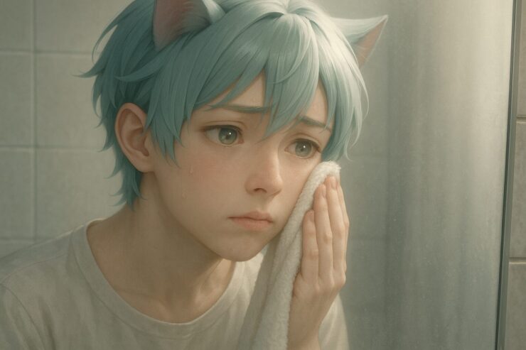 洗顔後のブレイブが鏡越しに頬の乾燥を気にしている姿。柔らかな朝の光に照らされ、タオルをそっと頬に当てた表情には優しさと静かな悩みが浮かぶ。 A young man with teal hair and cat ears gently presses a towel to his cheek, gazing into a misty mirror with a worried look in a softly lit bathroom.