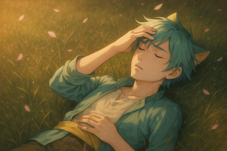 夕暮れの草原で仰向けに横たわるブレイブ。額に手をかけ、眠っているようで眠りきれない微妙な表情に、疲労と回復の狭間が映っている。 A young man with turquoise hair and soft cat ears lies on his back in a golden-lit field, hand on his brow and eyes gently closed, as if caught between sleep and unrest. Petals drift around him in quiet stillness.