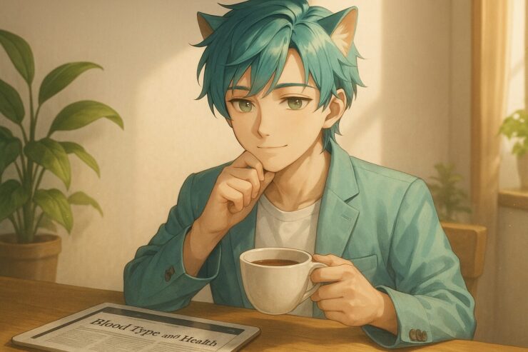 朝の光の中、カフェでコーヒーを手に記事を読むブレイブ。 血液型と健康の関係をめぐり、信じたい気持ちと理性のあいだで穏やかに考える表情。 Brave sits at a sunlit café table, sipping coffee and reading an article about blood types, lost in quiet reflection.