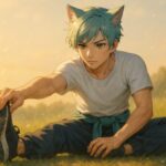 草原に座り、片脚を伸ばしてストレッチするブレイブ。集中したまなざしで足先に手を伸ばし、朝の光の中で体の感覚に意識を向けている。 Brave performs a seated stretch in a sunlit field, reaching for his foot with focused eyes and calm determination.