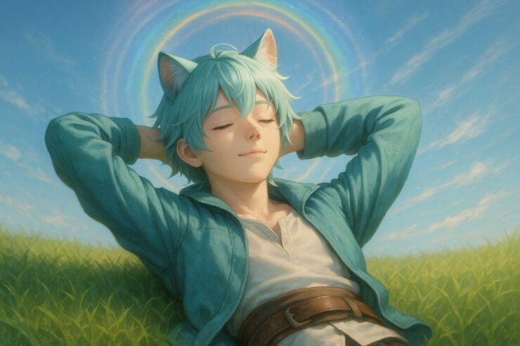 草原に寝転ぶブレイブが目を閉じて眠っている姿。虹色の睡眠サイクルが空に浮かび、浅葱色の髪と頬に光が差す。静けさと安らぎが伝わる構図。 Brave lies peacefully on the grass with eyes closed, under a sky where a rainbow-colored sleep cycle floats. Gentle light touches his pale turquoise hair and cheeks.