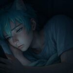 寝る前にスマホを見つめるブレイブ。暗い寝室で顔を照らす青白い光が、瞳と頬に静かに火種を宿す。眠りたいのに切れない視線の一瞬を描いた構図。 Brave gazes at his phone in a dark room before sleep. The bluish glow casts a gentle rim on his cheek and eye, capturing a quiet moment of distraction and tension.