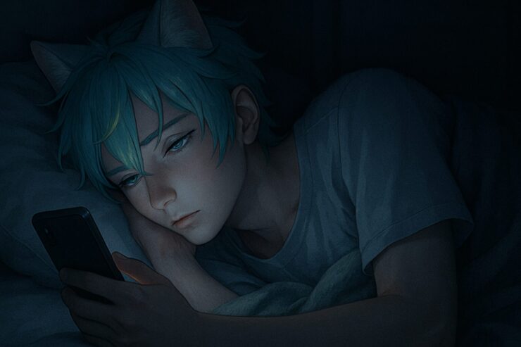 寝る前にスマホを見つめるブレイブ。暗い寝室で顔を照らす青白い光が、瞳と頬に静かに火種を宿す。眠りたいのに切れない視線の一瞬を描いた構図。 Brave gazes at his phone in a dark room before sleep. The bluish glow casts a gentle rim on his cheek and eye, capturing a quiet moment of distraction and tension.