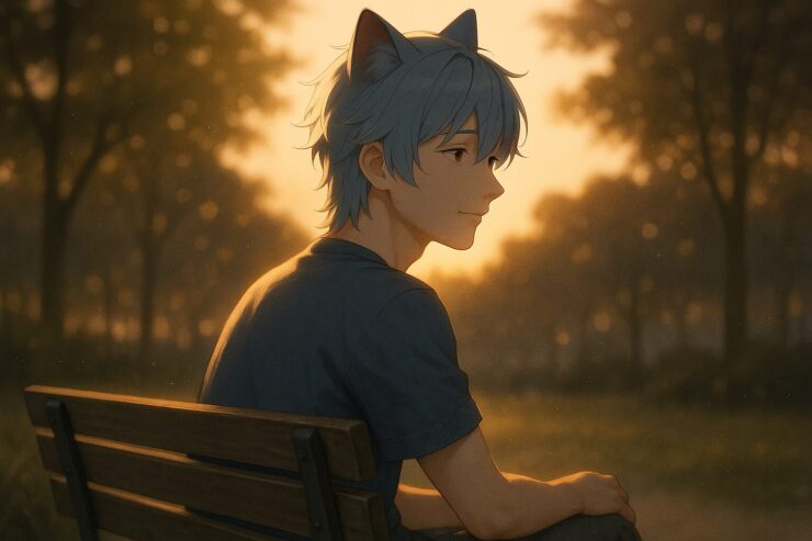 夕暮れの公園でベンチに座るブレイブの後ろ姿。夕日が静かに差し込み、肩と頬にrim lightが当たる。孤独と優しさが交差する穏やかなワンシーン。 A young man sits alone on a park bench at sunset. Rim light gently touches his shoulders and cheeks, evoking a quiet sense of loneliness and warmth.