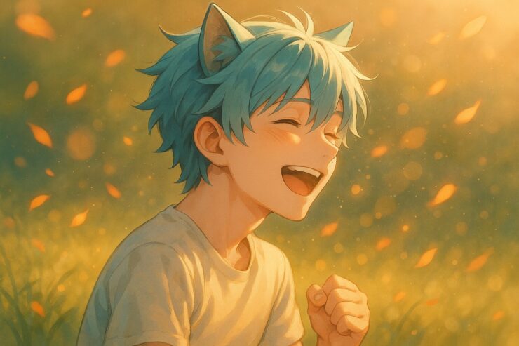 斜め後ろから見た構図で、ブレイブが誰かと笑い合う横顔を描いたデジタルイラスト。目元と頬が柔らかく輝き、肩が揺れている様子に心の温かさがにじむ。笑顔に呼応するように、光の粒や花びらが空間に漂っている。