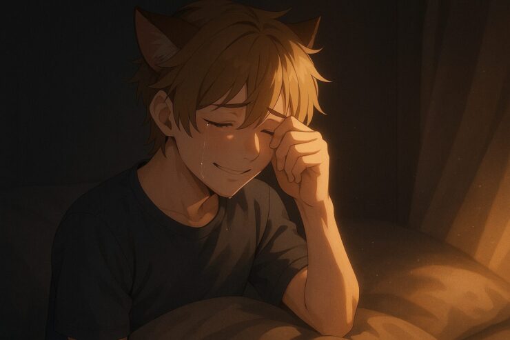 暗い部屋で布団にうずくまるブレイブが、静かに涙をぬぐいながら微笑んでいる。やわらかい光が頬と手を包み込み、涙の軌跡がやさしく光る。 A young man sits in a dim room, gently wiping away tears with a soft smile. Subtle light touches his cheeks and fingers, illuminating the quiet trail of his tears.
