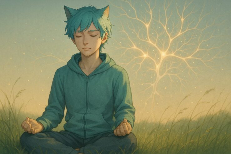 草原で静かに座禅を組む猫耳の青年ブレイブ。目を閉じて深く呼吸しながら、背後には脳神経をイメージした光のパターンが浮かび上がる。瞑想と風の流れがリンクし、空気が静かに揺れている。 A cat-eared young man sits in quiet meditation in a meadow, eyes closed, with glowing neural patterns in the sky behind him. Calm wind and focus fill the serene scene.