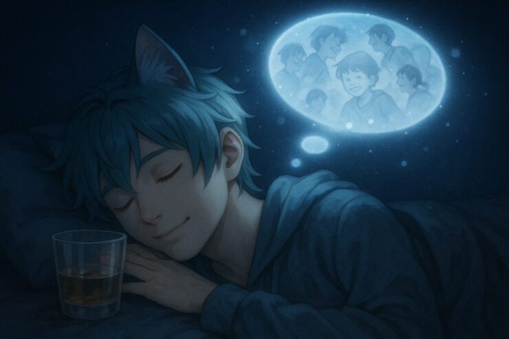 眠るブレイブの頭上に夢の泡が浮かび、その中に過去の記憶がゆるやかに描かれている様子。顔は安らぎの表情を湛え、泡から頬へと火種が流れる構成。 A sleeping Brave with dream bubbles above his head, softly glowing with past memories. His peaceful expression is lit gently, tracing a fireseed path from the bubble to his cheeks.