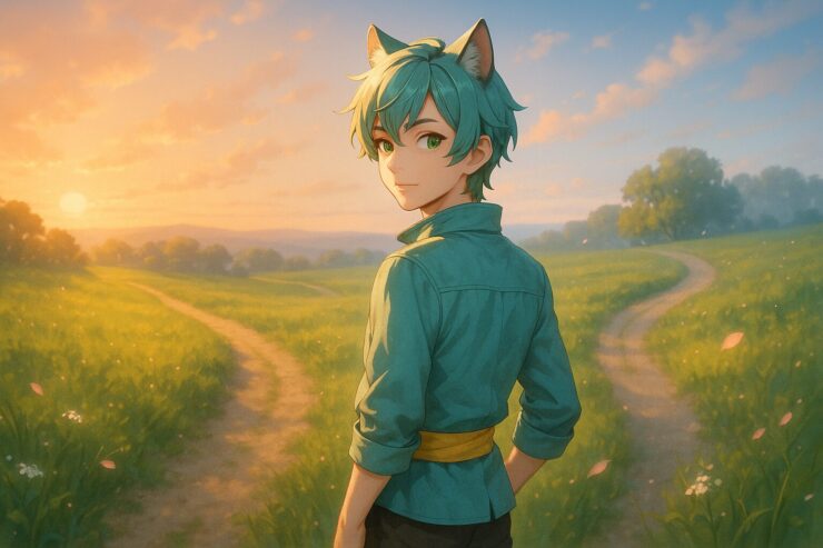 草原の分かれ道に立ち、穏やかに振り返るブレイブ。浅葱色の髪と冒険ジャケットをまとい、朝日と夕日が交差する空の下で未来を見つめている。 A young man with turquoise hair and cat ears stands at a fork in a peaceful field, glancing back softly as morning and evening light blend across the sky.