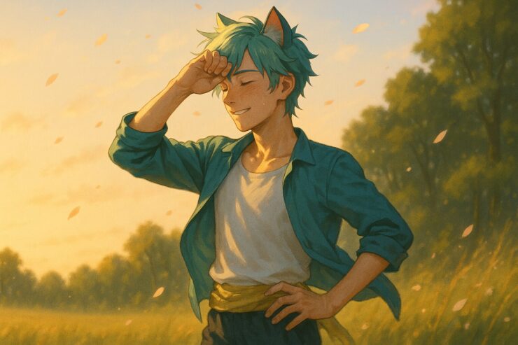 夕暮れの草原で、額の汗をぬぐうブレイブ。風に揺れるジャケットと髪、ほんのり上がった頬の色に、運動後の余韻と達成感がにじむ。 A young man with turquoise hair and cat ears stands in a field at sunset, gently wiping sweat from his brow as petals drift around him. His open jacket and tousled hair catch the breeze, while his expression reflects quiet fulfillment.