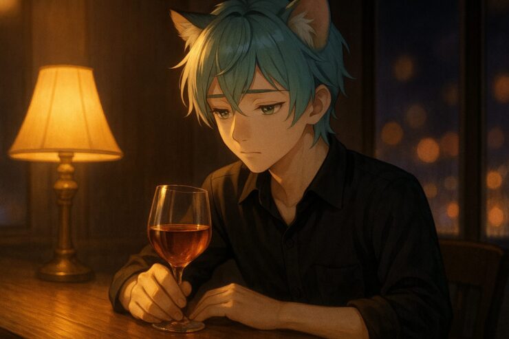 猫耳のブレイブが、夜のバーで琥珀色のグラスを静かに見つめている。飲もうともしないその横顔に、“少量の安心”と“静かな問い”が共存していた。 A turquoise-haired cat-eared boy gazes into an amber drink at a quiet bar. His expression holds no verdict—only stillness between comfort and silent inquiry.
