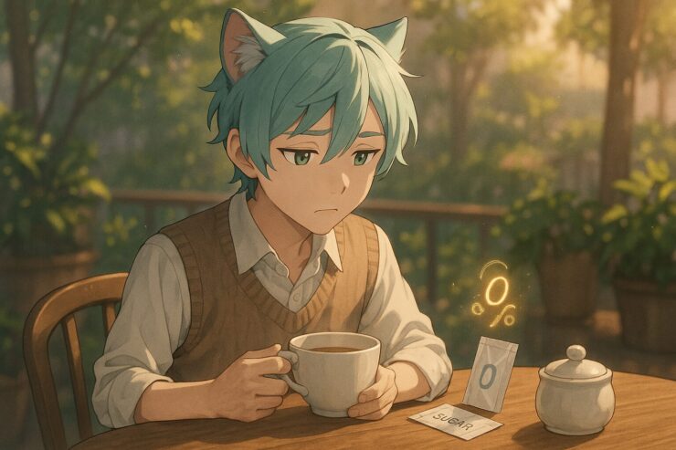 猫耳のブレイブが、カフェのテーブルで紅茶を手に、人工甘味料の小袋を見つめている。微笑みの奥に、そっと浮かぶ小さな疑問。 A turquoise-haired cat-eared boy holds a teacup at a café table, his eyes resting on packets of artificial sweeteners. Behind the soft smile, a silent question lingers.