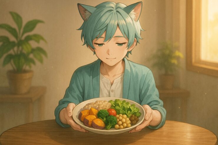 猫耳のブレイブが、カラフルな野菜料理の盛られたプレートを両手で差し出す。静かな室内に自然光が差し込み、菜食の選択がやさしく描かれている。 A turquoise-haired cat-eared boy gently offers a plate of vibrant plant-based food in both hands. Soft light and warm tones highlight the quiet kindness of a vegetarian or vegan choice.