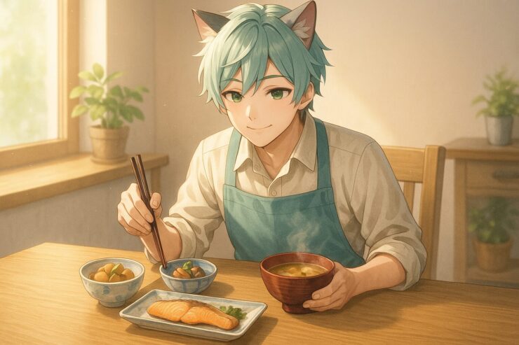 猫耳のブレイブが、整えられた一汁三菜の和定食を前に微笑む。木の食卓と朝の光に包まれた食器たちが、栄養と日常のバランスをそっと伝えてくれる。 A cat-eared boy smiles gently at a traditional Japanese meal set with miso soup, grilled salmon, rice, and side dishes. Warm light and wood tones convey a sense of quiet balance and nourishment.