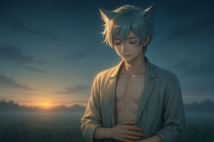 猫耳の青年が、夜明け前の草原で目を閉じ、手をお腹に添えて立っている。空腹と静けさが溶け合うような空気に包まれた、断食の静寂を映す風景。 A cat-eared boy stands quietly in a misty meadow at dawn, eyes closed, one hand resting near his stomach. The serene light and open space capture the stillness and reflection of a fasting state.