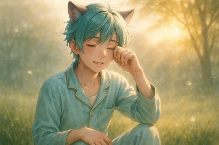 朝の草原で目をこする青年・ブレイブ。猫耳と浅葱色のパジャマ姿で朝日に照らされながら、眠気の残る表情を浮かべている。光と草花の種が漂う、静かな目覚めの風景。 A sleepy boy with cat ears in pale turquoise pajamas rubs his eyes in a sunlit meadow. Soft morning light and floating seeds create a peaceful, awakening atmosphere.