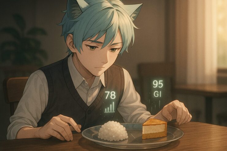 猫耳のブレイブが、透明プレートに盛られた白米とケーキを見つめ、思索に沈む。光に浮かぶ数値が、カロリーでは見えない“血糖値”の存在を暗示している。 A cat-eared boy studies a transparent plate divided into rice and cake. Soft GI numbers glow above the dish, symbolizing unseen blood sugar impacts behind calorie counts.