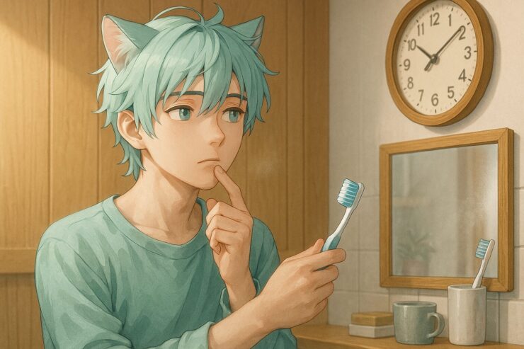 ブレイブが歯ブラシを手に、洗面所で壁の時計を見つめている。 口元に指を添えたまま、磨くタイミングを少し迷っているような表情。 朝の光が頬と髪に差し込み、日常の一瞬に思考が滲む。 Brave holds a toothbrush while quietly glancing at the clock in a wooden bathroom. His fingers rest near his lips, expression calm yet thoughtful. Soft morning light highlights his cheek and hair.