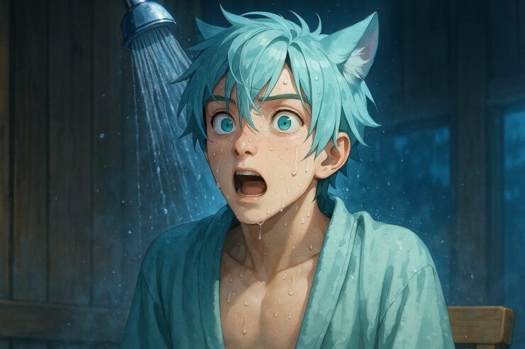 ブレイブが冷水シャワーを全身で浴び、驚きと覚醒が混じる表情を見せる。 浅葱色のローブは濡れて重たく、額や頬に水滴が光る。 木造の浴室内、青白い光がシャワーの冷たさと空気感を演出している。 Brave, drenched in a cold shower, stares wide-eyed as water trickles down his flushed face. His turquoise robe clings to him in a wooden bathhouse, surrounded by mist and chill light.