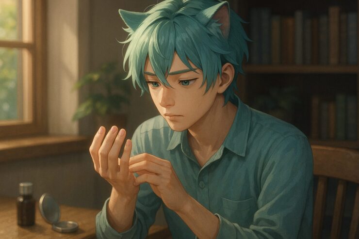 ブレイブが静かな部屋で、自分の爪を見つめながら指先をそっと撫でている。 浅葱色のシャツ姿で、表情には優しい集中がにじむ。 朝の光が窓から差し込み、静かな空気と気づきの瞬間を描く。 Brave, dressed in a pale turquoise shirt, gently inspects his fingernails in a sunlit room. His thoughtful gaze and careful fingers suggest a quiet moment of health awareness.