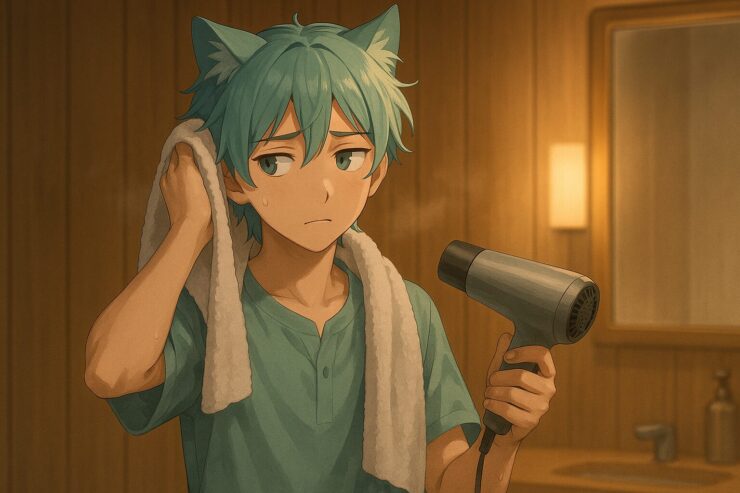 ブレイブが浅葱色の部屋着姿で、片手にドライヤー、もう片手で髪を拭いている。 迷ったような視線と表情に、習慣への問いかけが滲む。 木造の室内に、夜のやさしい照明が灯り、静かな空気が流れている。 Brave, in pale turquoise loungewear, holds a hairdryer while drying his damp hair with a towel. His uncertain expression reflects the nightly choice between routine and rest, under soft warm light in a wooden room.