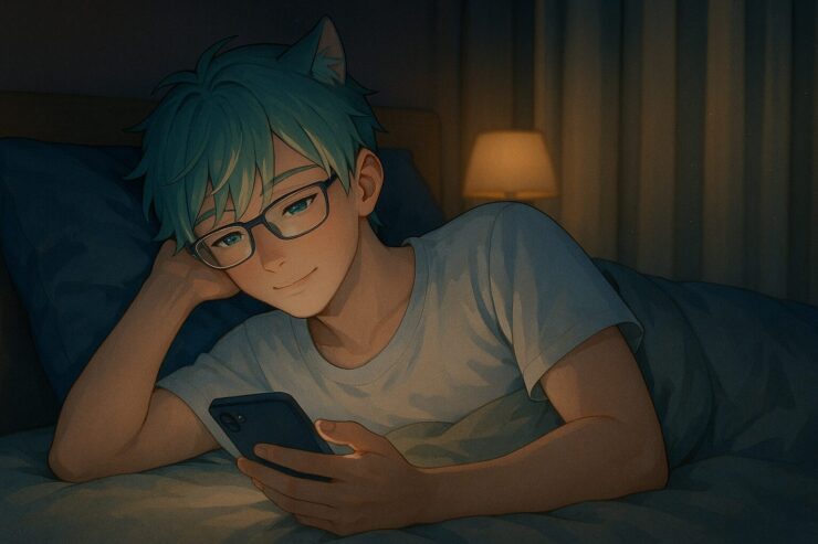 夜のベッドでスマホを手に、眠りに入る前の穏やかな表情を見せるブレイブ。 柔らかな明かりが頬を照らし、睡眠アプリを確認する静かな安堵を描く。 Brave lies in bed, softly smiling at his smartphone as warm and cool lights mix in a calm nighttime scene.